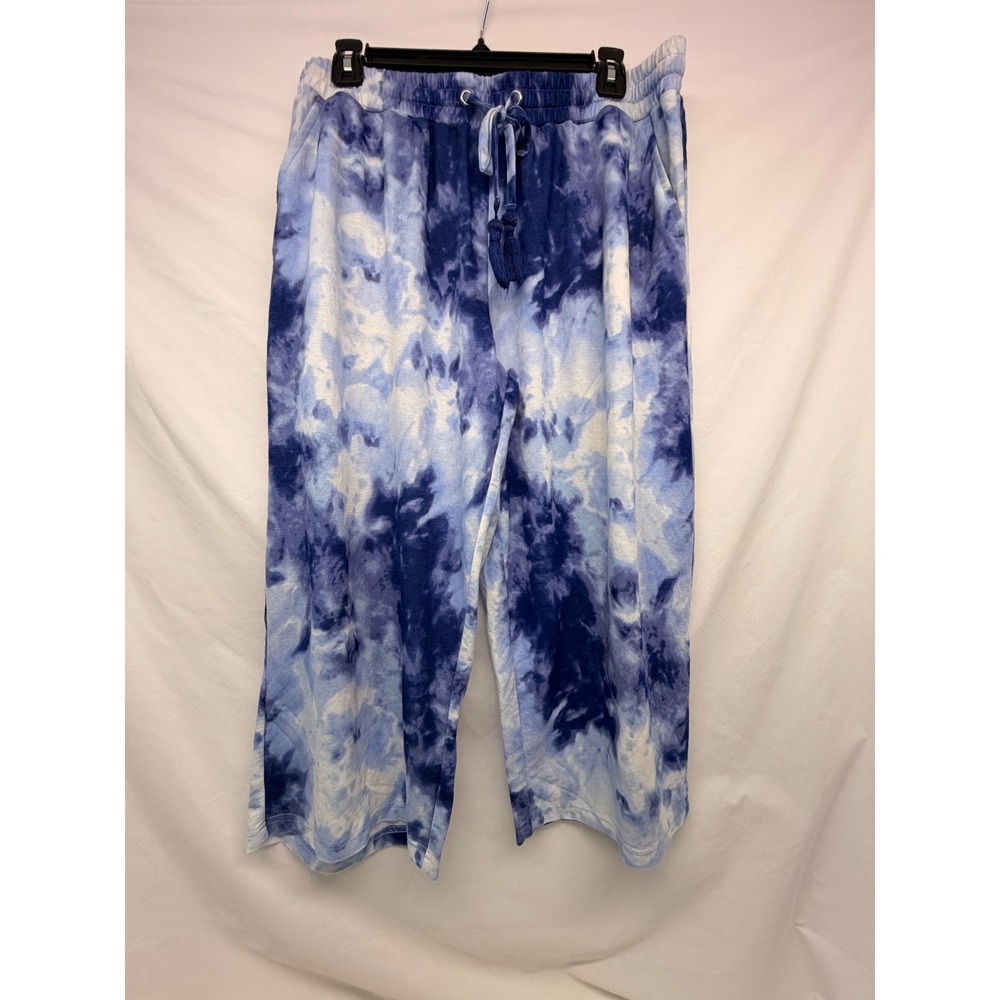 Belle Beach Kim Gravel Blue Tie Dye Wide Leg Crop Pants Tassel Drawstring Large
